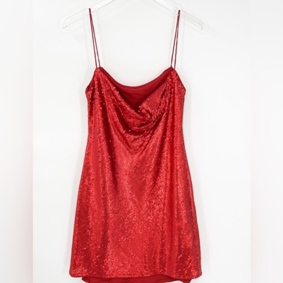 Zara red sequin blogger favorite back cowl neck draped mini dress size small new - Picture 5 of 16